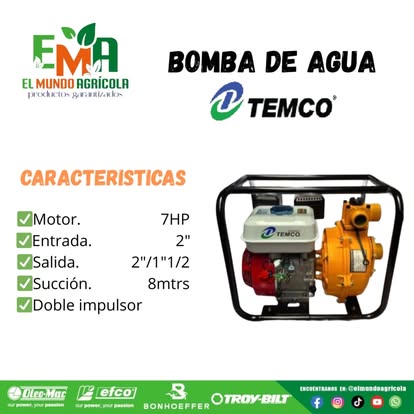 Bomba de agua Temco 2" doble impulsor (7 HP)